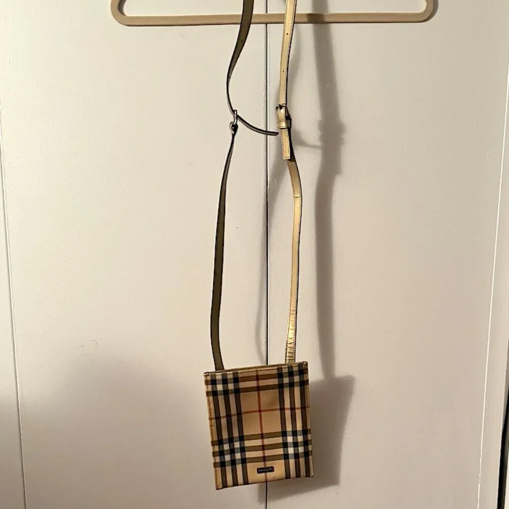 Burberry Nova Check Coated Canvas Crossbody Bag with metallic strap